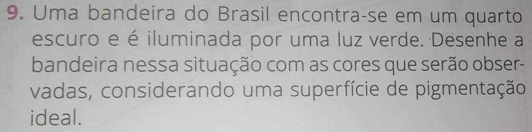 Uma bandeira do Brasil encontra-se em um quarto 
escuro e é iluminada por uma luz verde. Desenhe a 
bandeira nessa situação com as cores que serão obser- 
vadas, considerando uma superfície de pigmentação 
ideal.