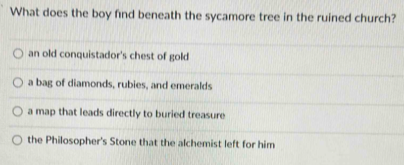 What does the boy find beneath the sycamore tree in the ruined church?
an old conquistador's chest of gold
a bag of diamonds, rubies, and emeralds
a map that leads directly to buried treasure
the Philosopher's Stone that the alchemist left for him