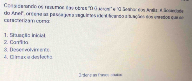 Considerando os resumos das obras "O Guarani" e "O Senhor dos Anéis: A Sociedade 
do Anel", ordene as passagens seguintes identificando situações dos enredos que se 
caracterizam como: 
1. Situação inicial. 
2. Conflito. 
3. Desenvolvimento. 
4. Clímax e desfecho. 
Ordene as frases abaixo: