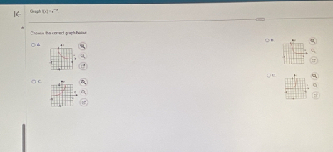 Graph f(x)=e^(-3)
Choose the correct graph below 
○ B. 
A. 
C. ○ D. "