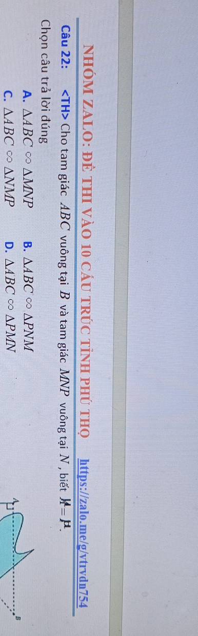 NHÓM ZALO: ĐÊ THI VÀO 10 CÁU TRÚC TỉNH PHÚ THQ https://zalo.me/g/vtrvdn754
Câu 22: 1 ∠ TH> Cho tam giác ABC vuông tại B và tam giác MNP vuông tại N , biết M=P. 
Chọn câu trả lời đúng
A. △ ABCcirc △ MNP B. △ ABC∈fty △ PNM
B
C. △ ABC∈fty △ NMP D. △ ABC∈fty △ PMN