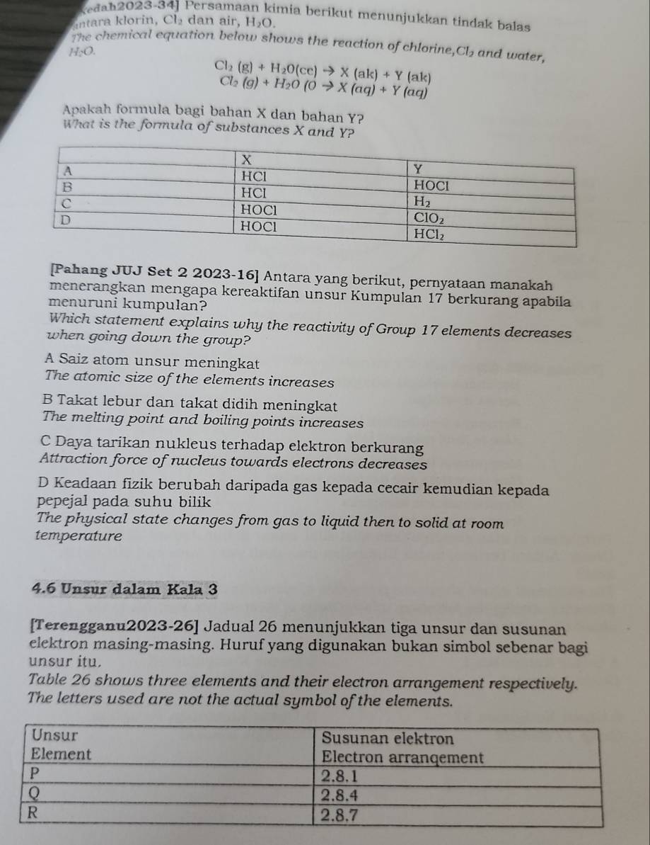 Xeda h20 23- Persamaan kimia berikut menunjukkan tindak balas
antara klorin, Cl_2 dan air, H_2O.
The chemical equation below shows the reaction of chlorine, Cl_2 and water,
H_2O.
Cl_2(g)+H_2O(cc)to X(ak)+Y(ak)
Cl_2(g)+H_2O(Oto X(aq)+Y(aq)
Apakah formula bagi bahan X dan bahan Y?
What is the formula of substances X and Y?
[Pahang JUJ Set 2 2023-16] Antara yang berikut, pernyataan manakah
menerangkan mengapa kereaktifan unsur Kumpulan 17 berkurang apabila
menuruni kumpulan?
Which statement explains why the reactivity of Group 17 elements decreases
when going down the group?
A Saiz atom unsur meningkat
The atomic size of the elements increases
B Takat lebur dan takat didih meningkat
The melting point and boiling points increases
C Daya tarikan nukleus terhadap elektron berkurang
Attraction force of nucleus towards electrons decreases
D Keadaan fizik berubah daripada gas kepada cecair kemudian kepada
pepejal pada suhu bilik 
The physical state changes from gas to liquid then to solid at room
temperature
4.6 Unsur dalam Kala 3
[Terengganu2023-26] Jadual 26 menunjukkan tiga unsur dan susunan
elektron masing-masing. Huruf yang digunakan bukan simbol sebenar bagi
unsur itu.
Table 26 shows three elements and their electron arrangement respectively.
The letters used are not the actual symbol of the elements.