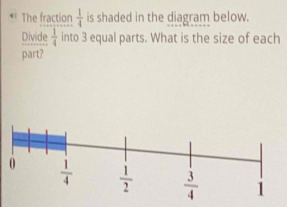 The fraction  1/4  is shaded in the diagram below.
Divide  1/4  into 3 equal parts. What is the size of each
part?