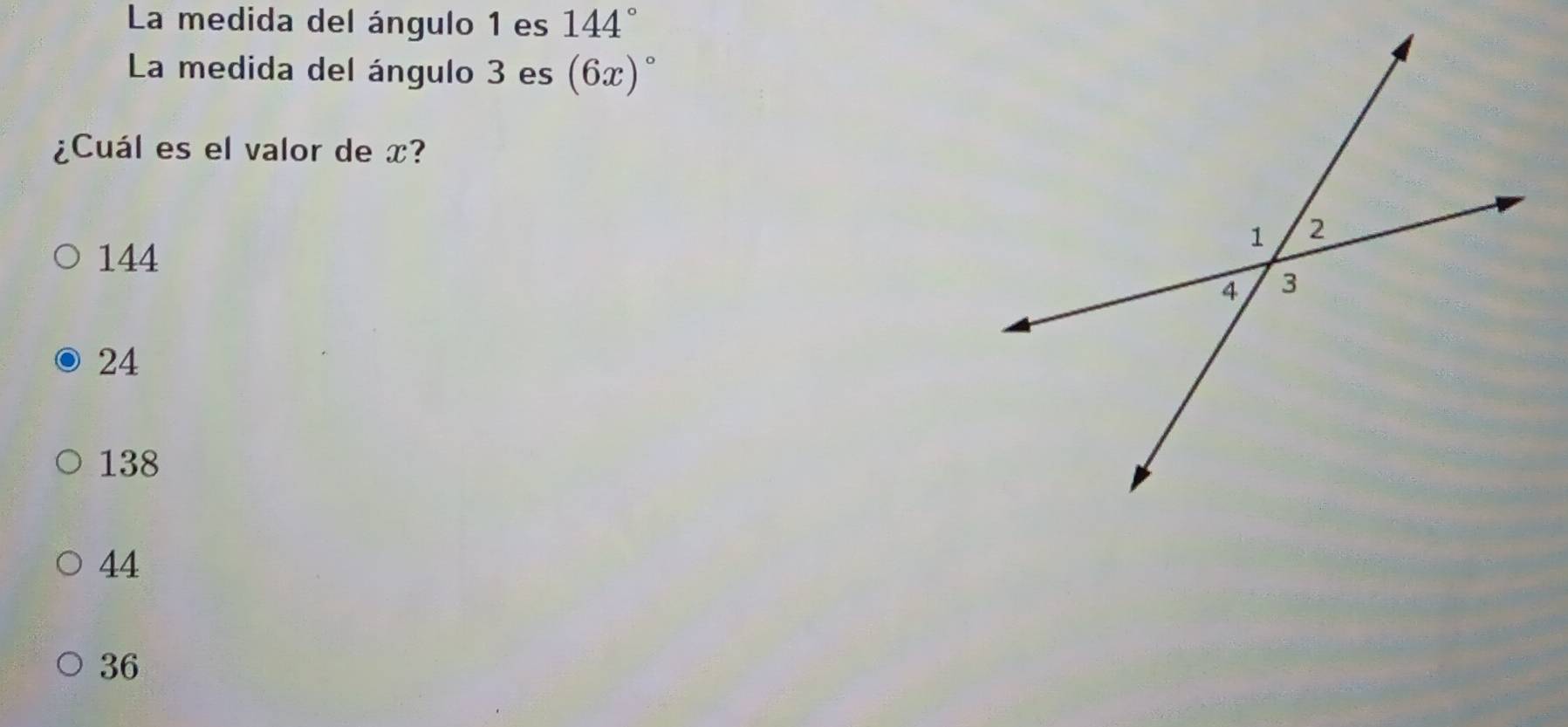 Solved: La medida del ángulo 1 es 144° La medida del ángulo 3 es (6x ...