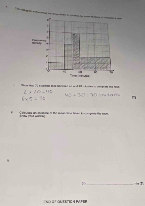 The histogram summarises the times taken. In 
i. Show that 70 students took between 45 and 70 minutes to complete the race. 
[2] 
ii. Calculate an estimate of the mean time taken to complete the race. 
Show your working. 
i. 
(ii) _ min [5] 
END OF QUESTION PAPER