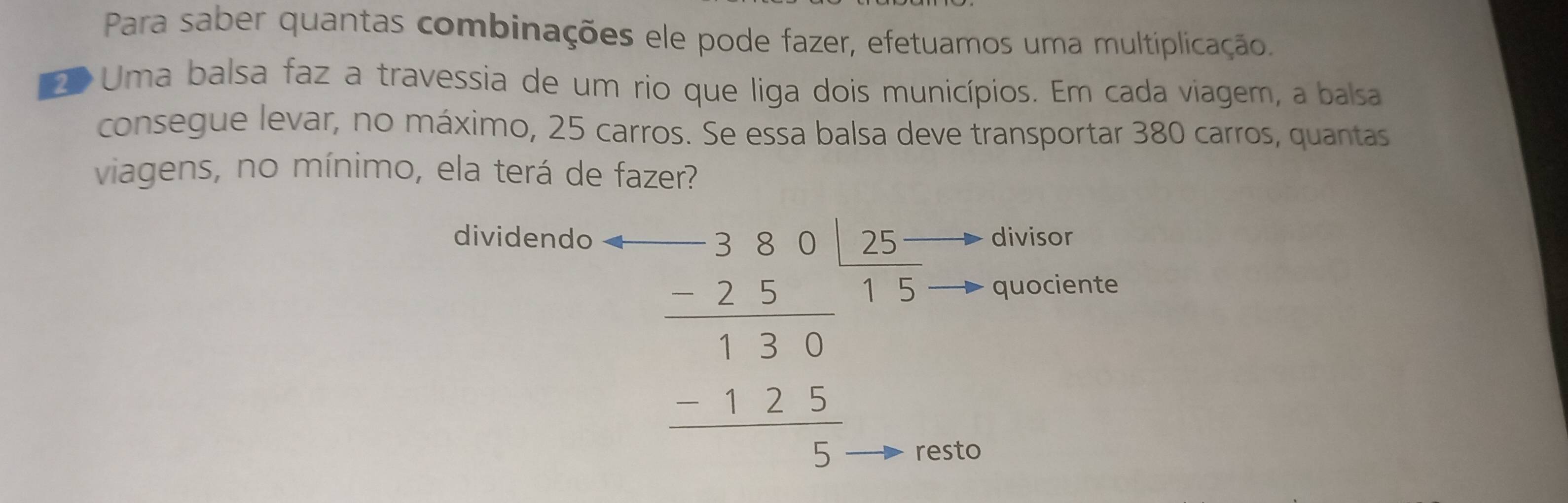 Para saber quantas combinações ele pode fazer, efetuamos uma multiplicação.
Uma balsa faz a travessia de um rio que liga dois municípios. Em cada viagem, a balsa
consegue levar, no máximo, 25 carros. Se essa balsa deve transportar 380 carros, quantas
viagens, no mínimo, ela terá de fazer?
dividendo divisor
beginarrayr -28.01 (.5)/13  -2 (.5)/130  1> 5/5  hline endarray
quociente
sto