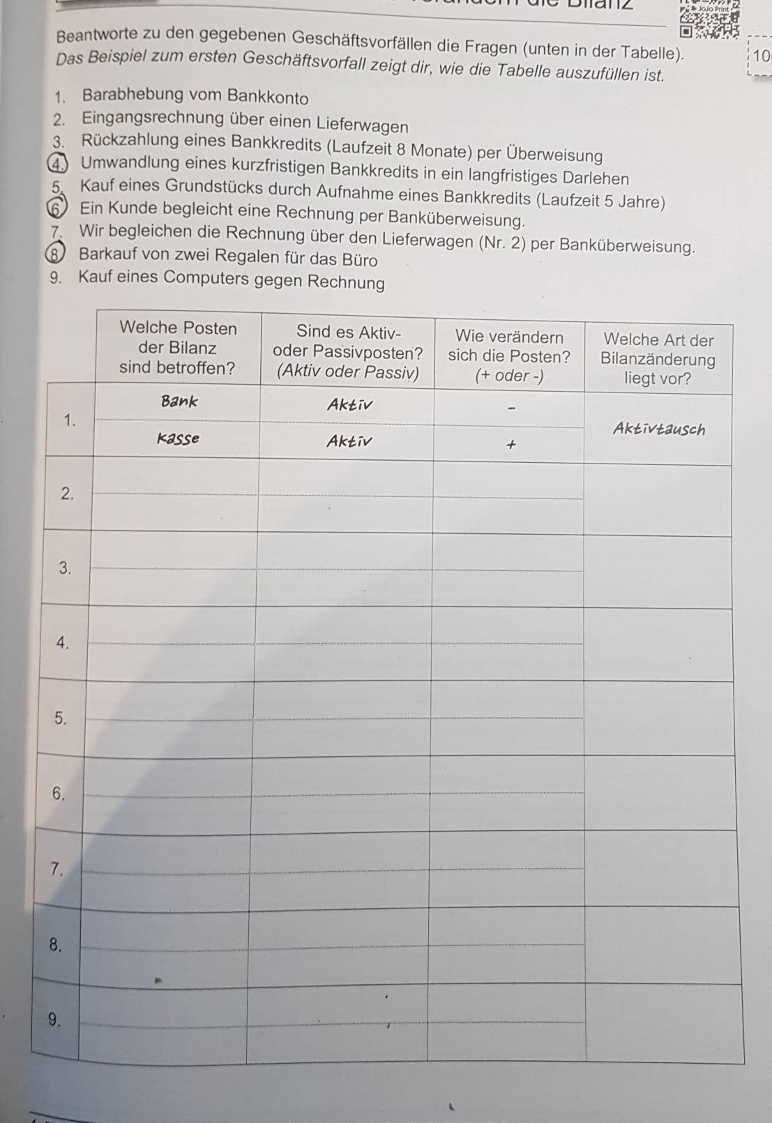 Diariz 
Beantworte zu den gegebenen Geschäftsvorfällen die Fragen (unten in der Tabelle). 10 
Das Beispiel zum ersten Geschäftsvorfall zeigt dir, wie die Tabelle auszufüllen ist. 
1. Barabhebung vom Bankkonto 
2. Eingangsrechnung über einen Lieferwagen 
3. Rückzahlung eines Bankkredits (Laufzeit 8 Monate) per Überweisung 
4 Umwandlung eines kurzfristigen Bankkredits in ein langfristiges Darlehen 
5 Kauf eines Grundstücks durch Aufnahme eines Bankkredits (Laufzeit 5 Jahre) 
6 Ein Kunde begleicht eine Rechnung per Banküberweisung. 
7. Wir begleichen die Rechnung über den Lieferwagen (Nr. 2) per Banküberweisung. 
Barkauf von zwei Regalen für das Büro 
9. Kauf eines Computers gegen Rechn