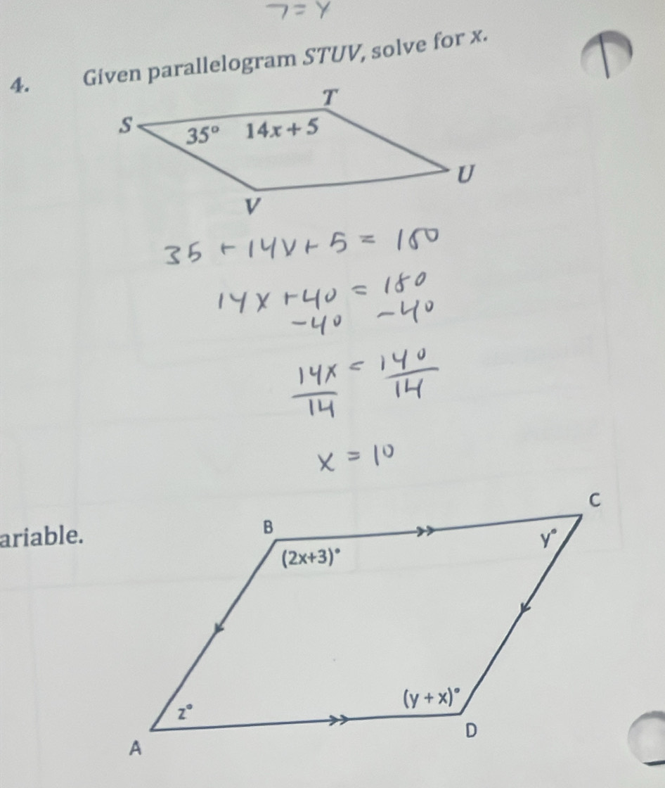 Given parallelogram STUV, solve for x.
ariable.