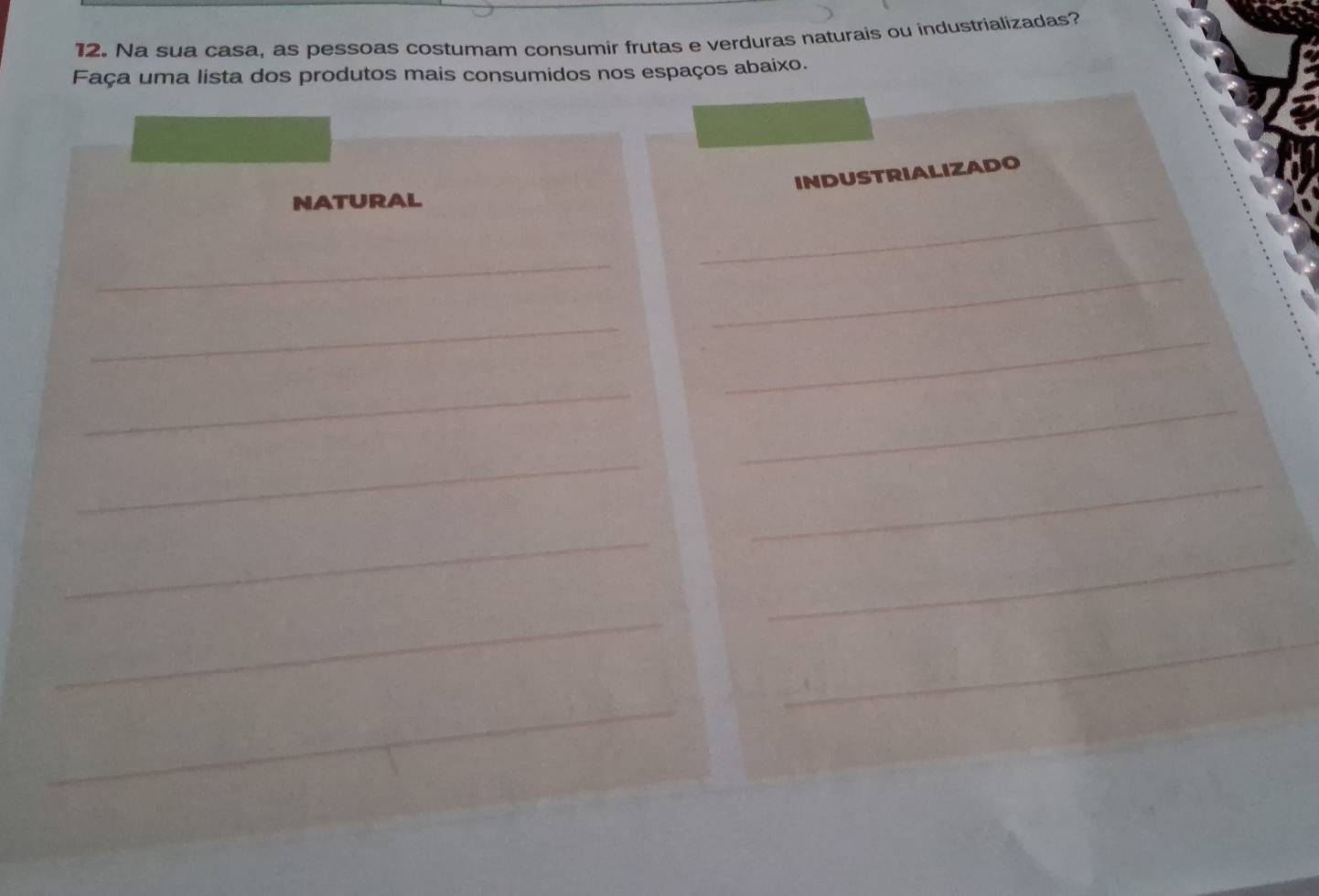 Na sua casa, as pessoas costumam consumir frutas e verduras naturais ou industrializadas? 
Faça uma lista dos produtos mais consumidos nos espaços abaixo. 
INDUSTRIALIZADO 
_ 
NATURAL 
_ 
_ 
_ 
_ 
_ 
_ 
_ 
_ 
_ 
_ 
_ 
_ 
_