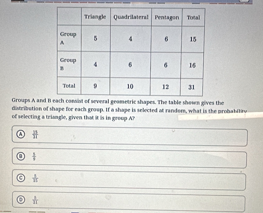 Groups A andgeometric shapes. The table shown gives the
distribution of shape for each group. If a shape is selected at random, what is the probability
of selecting a triangle, given that it is in group A?
A  15/31 
⑬  5/9 
C  5/15 
 5/31 