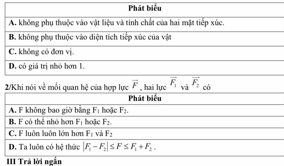 Phát biểu
A. không phụ thuộc vào vật liệu và tính chất của hai mặt tiếp xúc.
B. không phụ thuộc vào diện tích tiếp xúc của vật
C. không có đơn vị.
D. có giá trị nhỏ hơn 1.
2/Khi nói về mối quan hệ của hợp lực vector F , hai lực vector F_1_vavector F_2_cO
Phát biểu
A. F không bao giờ bằng F_1 hoặc F_2.
B. F có thể nhỏ hơn F_1 hoặc F_2.
C. F luôn luôn lớn hơn F_1 và F_2
D. Ta luôn có hệ thức |F_1-F_2|≤ F≤ F_1+F_2. 
III Trả lời ngắn