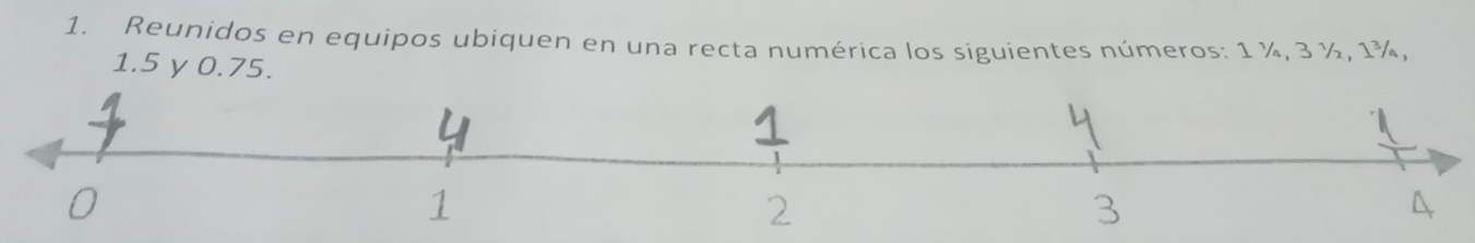 Reunidos en equipos ubiquen en una recta numérica los siguientes números: 1 %, 3 ½, 1¾,
1.5 γ 0.75.