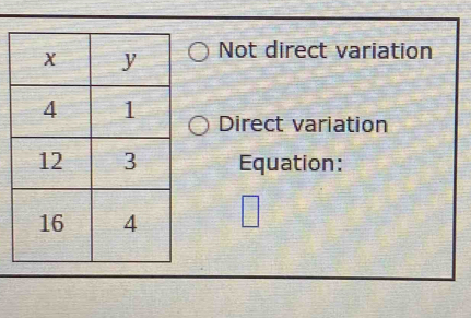 Not direct variation
Direct variation
Equation: