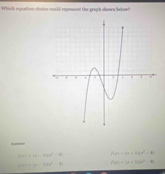 Which equation choice could represent the graph shown below?
Answer
f(x)=(x-1)(x^2-9) f(x)=(x+1)(x^2-4)
f(x)=(x-1)(x^2-4) f(x)=(x+1)(x^2-9)