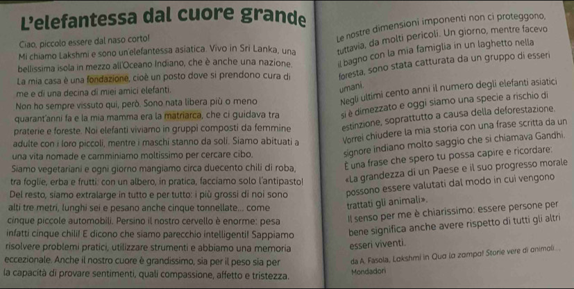 Lelefantessa dal cuore grande
Ciao, piccolo essere dal naso corto!
Le nostre dimensioni imponenti non cí proteggono
Mi chiamo Lakshmi e sono un'elefantessa asiatica. Vivo in Sri Lanka, una tuttavia, da molti pericoli. Un giorno, mentre facevo
bellissima isola in mezzo all'Oceano Indiano, che è anche una nazione il bagno con la mia famiglia in un laghetto nella
La mia casa è una fondazione, cioè un posto dove si prendono cura di foresta, sono stata catturata da un gruppo di esseri
me e di una decina di miei amici elefanti.
umani.
Non ho sempre vissuto qui, però. Sono nata libera più o meno
Negli ultimi cento anni il numero degli elefanti asiatici
quarant’anni fa e la mia mamma era la matriarca, che ci guidava tra si è dimezzato e oggi siamo una specie a rischio di
praterie e foreste. Noi elefanti viviamo in gruppi composti da femmine estinzione, soprattutto a causa della deforestazione.
adulte con i loro piccoli, mentre i maschi stanno da soli. Siamo abituati a Vorrei chiudere la mia storia con una frase scritta da un
una vita nomade e camminiamo moltissimo per cercare cibo
signore indiano molto saggio che si chiamava Gandhi.
Siamo vegetariani e ogni giorno mangiamo circa duecento chili di roba, È una frase che spero tu possa capire e ricordare:
tra foglie, erba e frutti: con un albero, in pratica, faccíamo solo l’antipasto! «La grandezza di un Paese e il suo progresso morale
Del resto, siamo extralarge in tutto e per tutto: i più grossi di noi sono possono essere valutati dal modo in cui vengono
alti tre metri, lunghi sei e pesano anche cinque tonnellate... come
trattati gli animali».
cinque piccole automobili. Persino il nostro cervello è enorme: pesa Il senso per me è chiarissimo: essere persone per
infatti cinque chili! E dicono che siamo parecchio intelligenti! Sappiamo bene significa anche avere rispetto di tutti gli altri
risolvere problemi pratici, utilizzare strumenti e abbiamo una memoria
esseri viventi.
eccezionale. Anche il nostro cuore è grandissimo, sia per il peso sia per da A. Fasola, Lakshmi in Qua la zampa! Storie vere di animali.. .
la capacità di provare sentimenti, quali compassione, affetto e tristezza. Mondadori