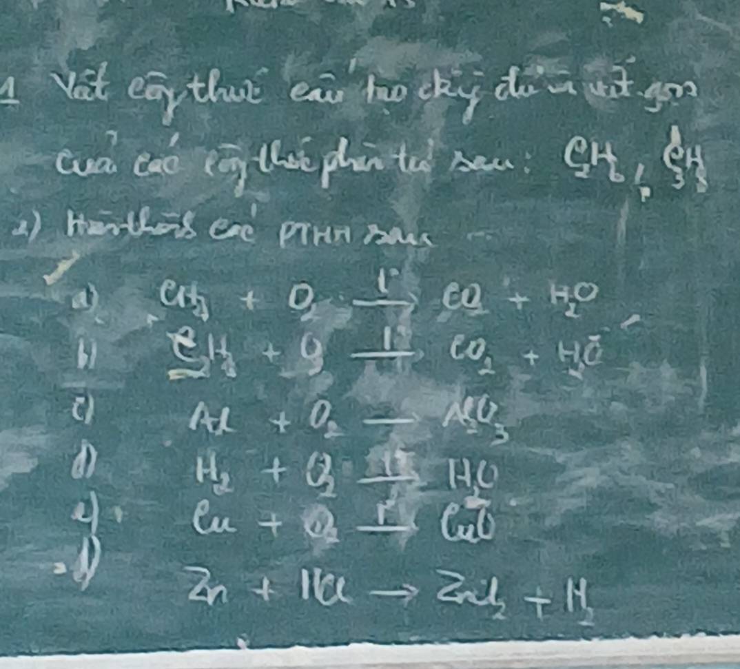 Vat eag that eni to ckip do a wet yon 
cua cat ong thee phante bea: Ot, S 
2) Henthes ene prnn naws
Cl_3+O_2xrightarrow PCO_2+H_2O
_ _ ^c+9_ _ 1eo_2+H_overline c
Al+O_2=200
H_2+Q=_ 17H_1O
Cu+O_2⊥ CuO
Zn+I(uto Znto z_21