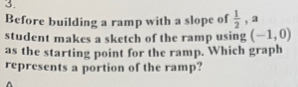 Before building a ramp with a slope of  1/2  , a 
student makes a sketch of the ramp using (-1,0)
as the starting point for the ramp. Which graph 
represents a portion of the ramp?