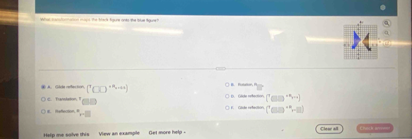 What transformation maps the black figure onto the blue figure?
A. Glide refection, (^T□ □ )^alpha R_x=0.5) B. Rotation, R
C. Translation, T D. Glide refection. (T_□ □ )^circ R_y=x)
E. Reflection, R_y=□  F. Glde reflection. ^circ H_y
Help me solve this View an example Get more help - Clear all Check answer
