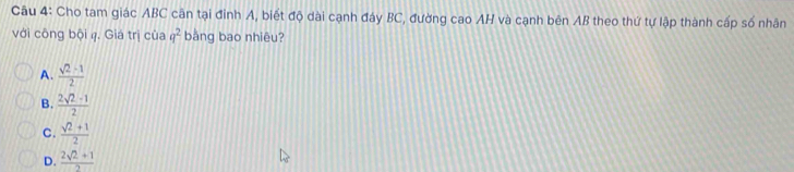 Cho tam giác ABC cân tại đình A, biết độ dài cạnh đáy BC, đường cao AH và cạnh bên AB theo thứ tự lập thành cấp số nhân
với công bội q. Giá trị của q^2 bàng bao nhiêu?
A.  (sqrt(2)-1)/2 
B.  (2sqrt(2)-1)/2 
C.  (sqrt(2)+1)/2 
D.  (2sqrt(2)+1)/2 