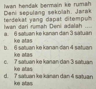 Iwan hendak bermain ke rumah
Deni sepulang sekolah. Jarak
terdekat yang dapat ditempuh
Iwan dari rumah Deni adalah ....
a. 6 satuan ke kanan dan 3 satuan
ke atas
b. 6 satuan ke kanan dan 4 satuan
ke atas
c. 7 satuan ke kanan dan 3 satuan
ke atas
d. 7 satuan ke kanan dan 4 satuan
ke atas