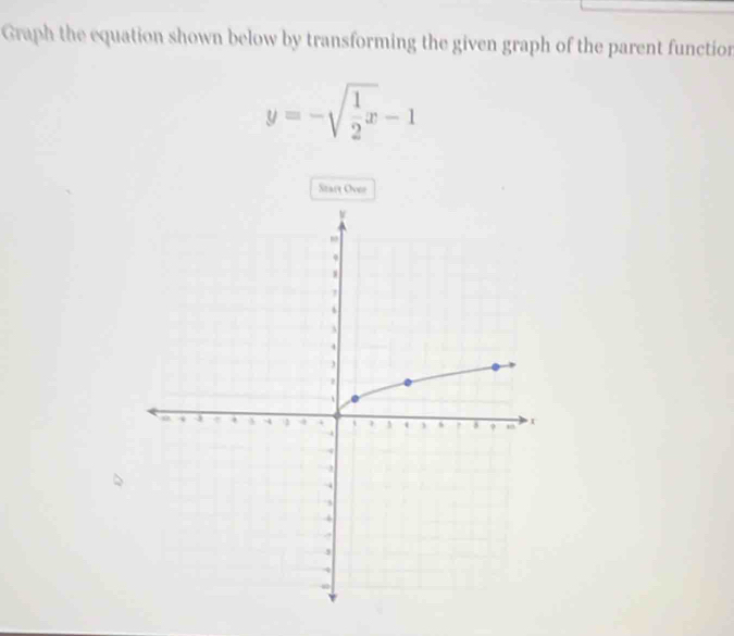 Graph the equation shown below by transforming the given graph of the parent function
y=-sqrt(frac 1)2x-1
Start Over