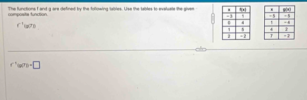 The functions f and g are defined by the following tables. Use the tables to evaluate the given  
composite function.  
 
f¹(g(7))

f^(-1)(g(7))=□