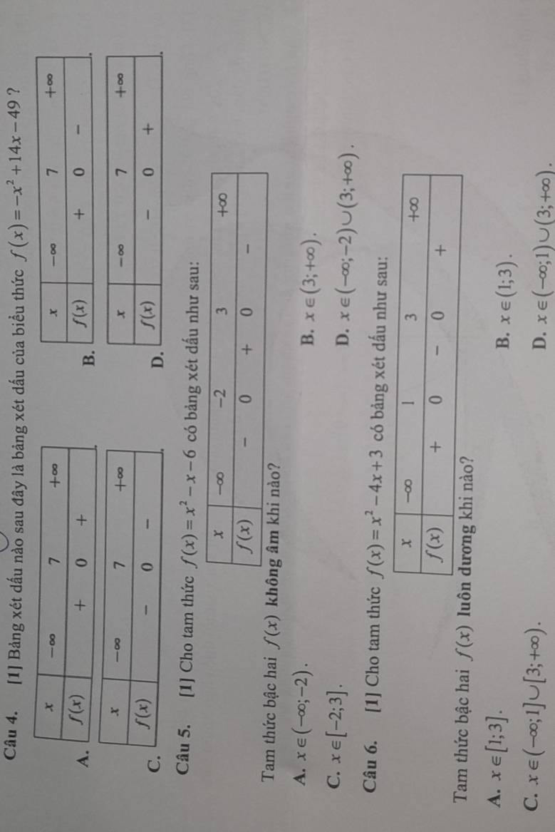 [1] Bảng xét dấu nào sau đây là bảng xét dấu của biểu thức f(x)=-x^2+14x-49 ?
 
 
Câu 5. [1] Cho tam thức f(x)=x^2-x-6 có bảng xét dấu như sau:
Tam thức bậc hai f(x) không âm khi nào?
A. x∈ (-∈fty ;-2).
B. x∈ (3;+∈fty ).
C. x∈ [-2;3].
D. x∈ (-∈fty ;-2)∪ (3;+∈fty ).
Câu 6. [1] Cho tam thức f(x)=x^2-4x+3 có bảng xét dấu như sau:
Tam thức bậc hai f(x) g khi nào?
A. x∈ [1;3].
B. x∈ (1;3).
C. x∈ (-∈fty ;1]∪ [3;+∈fty ).
D. x∈ (-∈fty ;1)∪ (3;+∈fty ).