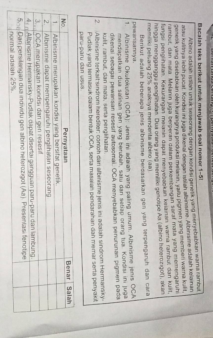 Benan tanda Centang (º ) penpadan 
Bacalah teks berikut untuk menjawab soal nomor 1-5! 
Albino adalah istilah untuk seseorang dengan kondisi genetik yang menyebabkan warna rambut 
atau kulitnya lebih pucat. Kondisi ini juga dikenal dengan istilah albinisme. Albinisme adalah kelainan 
genetik yang disebabkan oleh kurangnya produksi melanin, yaitu pigmen yang memberi warna kulit, 
rambut, dan mata. Melanin juga berperan dalam perkembangan saraf mata yang memengaruhi 
fungsi penglihatan. Kekurangan melanin dapat menyebabkan kelaınan warna rambut dan kulit, 
hingga mengganggu penglihatan. Dua orang yang memiliki genotipe Aa (albino heterozigot), akan 
memiliki peluang 25% anaknya menderita albino (aa). 
Berikut adalah beberapa jenis albinisme berdasarkan gen yang terpengaruh dan cara 
pewarisannya. 
1. Albinisme Okulokutan (OCA): Jenis ini adaiah yang paling umum. Albinisme jenis OCA 
mendapatkan dua salinan gen yang berubah, satu dari setiap orang tua. Kondisi ini juga 
dikenal sebagai pewarisan resesif autosomal. OCA menyebabkan penurunan pigmen pada 
kulit, rambut, dan mata, serta penglihatan. 
2. Albinisme terkait'sindrom herediter: contoh dari albinisme jenis ini adalah sindrom Hermansky- 
Pudlak yang termasuk daiam bentuk OCA, serta masaian pendarahan dan memar serta penyakit 
paru-paru dan usus.