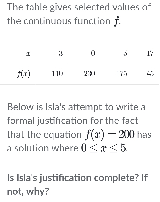 The table gives selected values of
the continuous function f.
Below is Isla's attempt to write a
formal justification for the fact
that the equation f(x)=200 has
a solution where 0≤ x≤ 5.
Is Isla's justification complete? If
not, why?