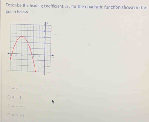 Describe the leading coefficient, α , for the quadratic function shown in the
graph below.
a=3
a=1
a=-4
a=-1