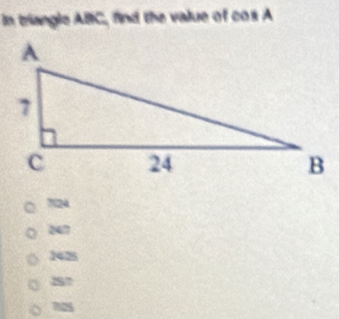 In triangle ABC, find the value of cos A
724
247
1425
257
nas