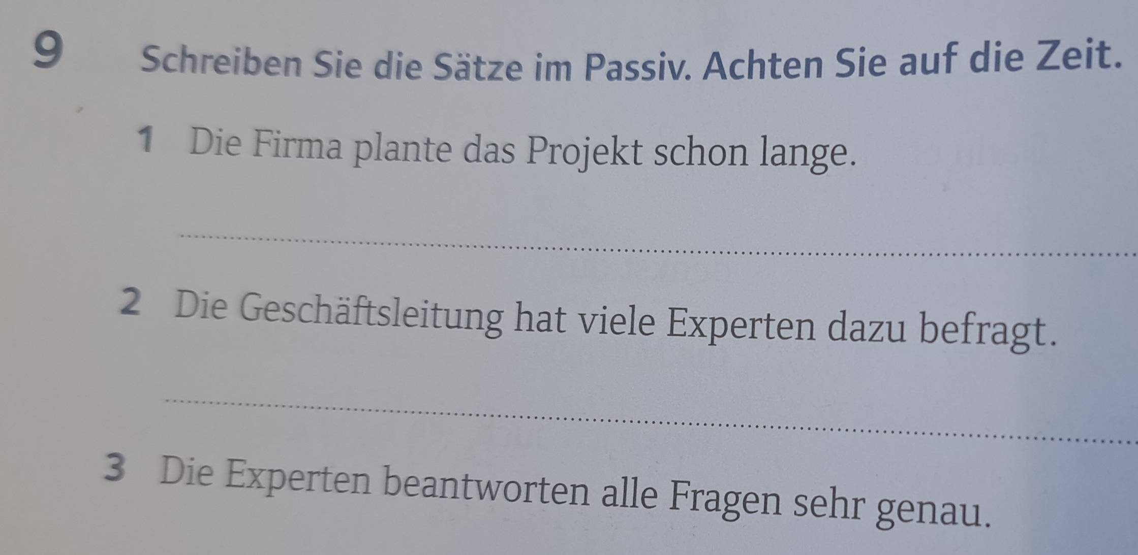 Schreiben Sie die Sätze im Passiv. Achten Sie auf die Zeit. 
1 Die Firma plante das Projekt schon lange. 
_ 
2 Die Geschäftsleitung hat viele Experten dazu befragt. 
_ 
3 Die Experten beantworten alle Fragen sehr genau.