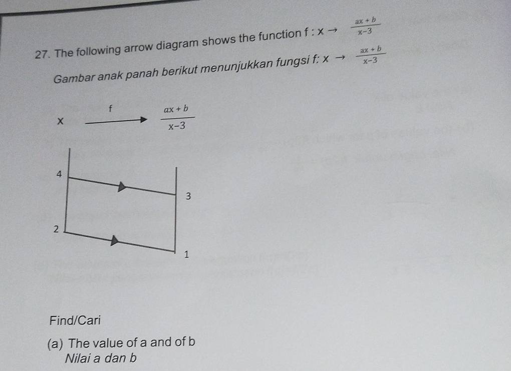 The following arrow diagram shows the function f:xto  (ax+b)/x-3 
Gambar anak panah berikut menunjukkan fungsi f: xto  (ax+b)/x-3 
f  (ax+b)/x-3 
Find/Cari
(a) The value of a and of b
Nilai a dan b