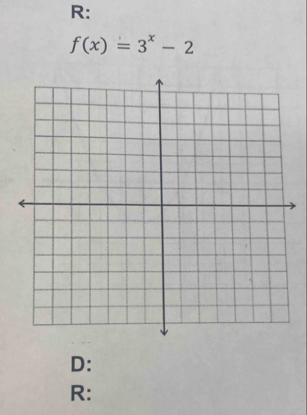 R:
f(x)=3^x-2
D: 
R: