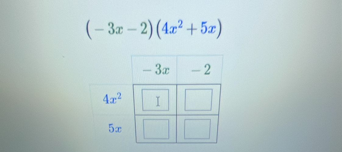 (-3x-2)(4x^2+5x)