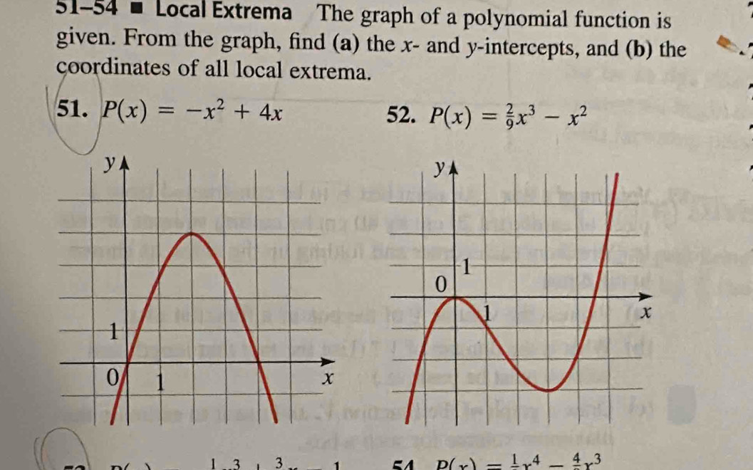 51-54 - Local Extrema The graph of a polynomial function is
given. From the graph, find (a) the x - and y-intercepts, and (b) the
coordinates of all local extrema.
51. P(x)=-x^2+4x 52. P(x)= 2/9 x^3-x^2
1 3 3 1 5 p(x)=frac 1x^4-frac 4x^3