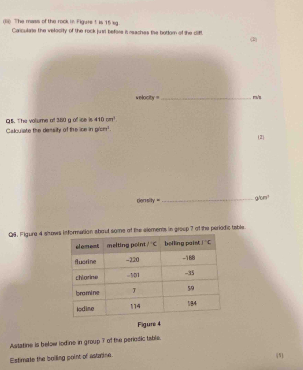 (iii) The mass of the rock in Figure 1 is 15 kg.
Calculate the velocity of the rock just before it reaches the bottom of the cliff.
(2)
velocity = _m/s
Q5. The volume of 380 g of ice is 410cm^3.
Calculate the density of the ice in g/cm^3.
(2)
density =
_ g/cm^3
Q6. Figure 4 showabout some of the elements in group 7 of the periodic table.
Figure 4
Astatine is below iodine in group 7 of the periodic table.
Estimate the boiling point of astatine.
(1)