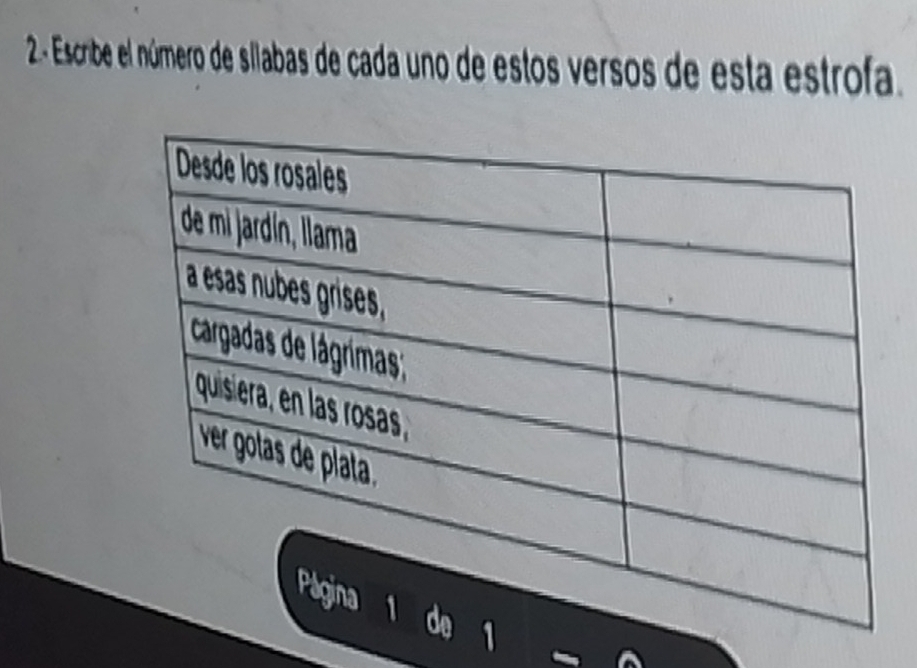 Escribe el número de sillabas de cada uno de estos versos de esta estrofa.