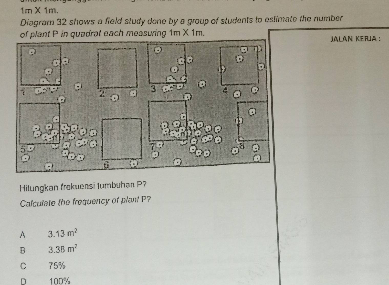 1m* 1m. 
Diagram 32 shows a field study done by a group of students to estimate the number
of plant P in quadrat each measuring 1m* 1m. 
JALAN KERJA :
Hitungkan frekuensi tumbuhan P?
Calculate the frequency of plant P?
A 3.13m^2
B 3.38m^2
C 75%
D 100%