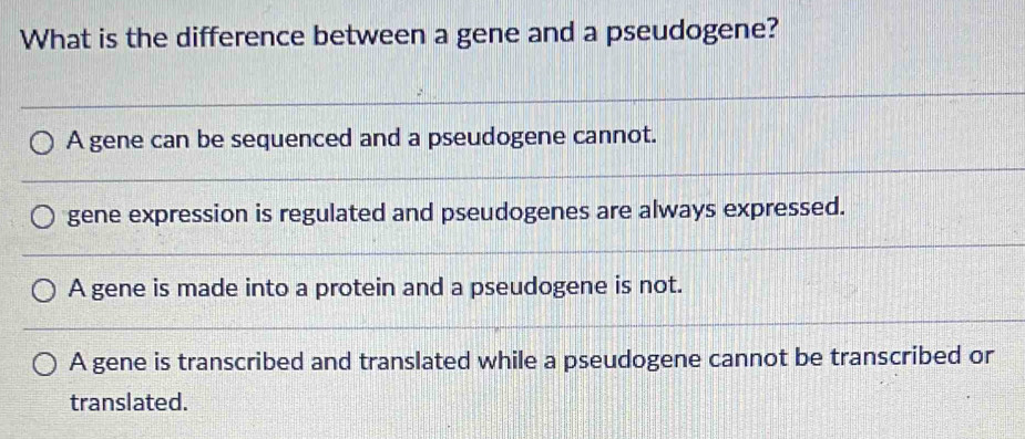 What is the difference between a gene and a pseudogene?
A gene can be sequenced and a pseudogene cannot.
gene expression is regulated and pseudogenes are always expressed.
A gene is made into a protein and a pseudogene is not.
A gene is transcribed and translated while a pseudogene cannot be transcribed or
translated.