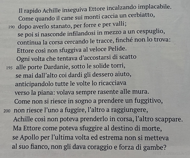 Il rapido Achille inseguiva Ettore incalzando implacabile. 
Come quando il cane sui monti caccia un cerbiatto,
190 dopo averlo stanato, per forre e per valli; 
se poi si nasconde infilandosi in mezzo a un cespuglio, 
continua la corsa cercando le tracce, finché non lo trova: 
Ettore così non sfuggiva al veloce Pelide. 
Ogni volta che tentava d’accostarsi di scatto
195 alle porte Dardanie, sotto le solide torri, 
se mai dall’alto coi dardi gli dessero aiuto, 
anticipandolo tutte le volte lo ricacciava 
verso la piana: volava sempre rasente alle mura. 
Come non si riesce in sogno a prendere un fuggitivo,
200 non riesce l’uno a fuggire, l’altro a raggiungere, 
Achille così non poteva prenderlo in corsa, l’altro scappare. 
Ma Ettore come poteva sfuggire al destino di morte, 
se Apollo per l’ultima volta ed estrema non si metteva 
al suo fianco, non gli dava coraggio e forza di gambe?