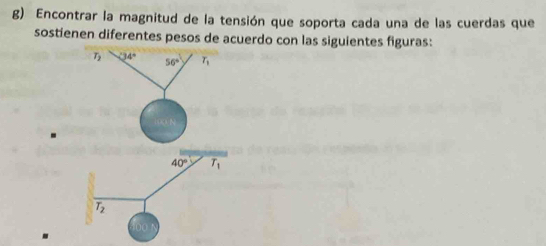 Encontrar la magnitud de la tensión que soporta cada una de las cuerdas que 
sostienen diferentes pesos de acuerdo con las siguientes figuras:
24° T_1
56°
40° T_1
overline T_2