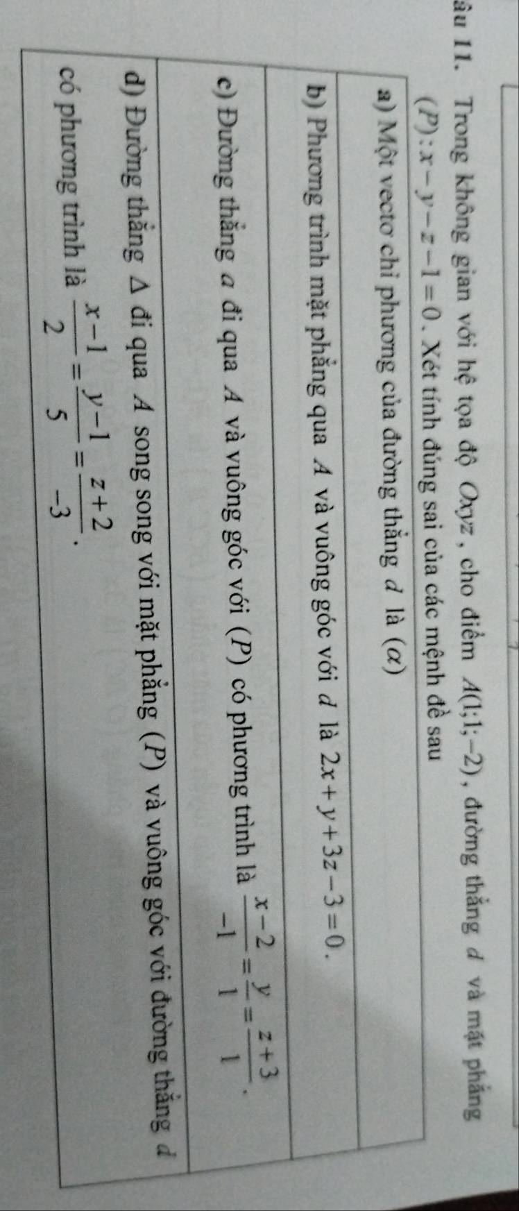 1âu 11. Trong không gian với hệ tọa độ Oxyz , cho điểm A(1;1;-2) , đường thắng đ và mặt phẳng
đề sau