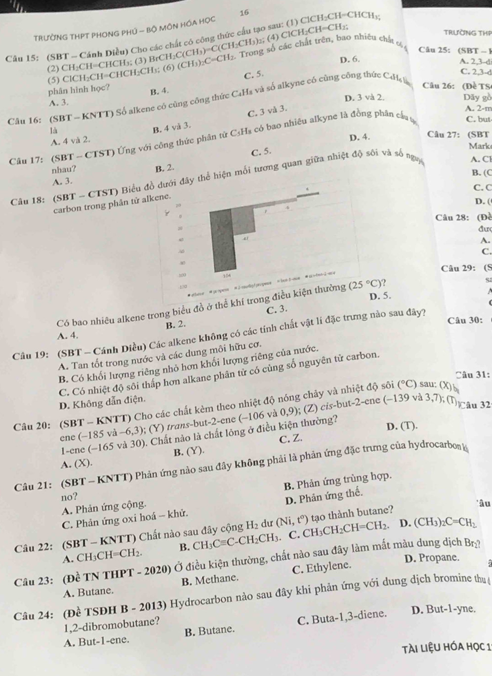 TRƯờNG THPT PHONG PHÚ - Bộ MÔN HÓA HọC
ClCH_2CH=CHCH_3;
Câu 15: (SBT ~ Cánh Diều) Cho các chất có công thức cấu tạo sau: (1) )ClCH_2CH=CH_2
TRƯỜNG THP
Câu 25: (SBT - 1
(2) CH₂CH=CHCH₃; (3) BrCH_2C(CH_3)=C(CH_2CH_3) 2 (4
(5) ClCH₂CH=CHCH H_2CH_3; (6) (CH_3)_2C=CH_2. Trong số các chất trên, bao nhiều chất
D. 6.
A. 2,3-d
phân hình học? C. 5.
C. 2,3-d
Câu 26: (Đề TS
B. 4.
A. 3.
Câu 16: (SBT - KNTT) Số alkene có cùng công thức C₄H₃ và số alkyne có cùng công thức C4H D. 3 và 2.
Dãy gồ
C. 3 và 3.
A. 2-m
B. 4 và 3.
là Câu 27: (SBT
Câu 1 7: (SBT ~ CTST) Ứng với công thức phân tử CsH₈ có bao nhiêu alkyne là đồng phân cấu tạ
C. but
A. 4 và 2.
D. 4.
C. 5.
Mark
nhau? B. 2. B. (C
Câu 18: (SBT - CTST) Biểu đồ dưới đây thể hiện mối tương quan giữa nhiệt độ sôi và số nguy A. Cl
A. 3.
C. C
carbon trong phân tử alkene.
20D. (
。
Câu 28: (Đề
20
đư
A.
.60 C.
-m7
100Câu 29: (S
Sa
etbene  propns  2-suothy4
-170
D. 5. a
Có bao nhiêu alkene trong biểu đồ ở thể khí trong điều kiện thường (25°C) ?
C. 3.
B. 2.
Câu 30:
Câu 19: (SBT - Cánh Diều) Các alkene không có các tính chất vật lí đặc trưng nào sau đây?
A. 4.
A. Tan tốt trong nước và các dung môi hữu cơ.
B. Có khối lượng riêng nhỏ hơn khối lượng riêng của nước.
C. Có nhiệt độ sôi thấp hơn alkane phân tử có cùng số nguyên tử carbon.
Câu 31:
D. Không dẫn điện.  ị Câu 32
Câu 20: (SBT - KNTT) Cho các chất kèm theo nhiệt độ nóng chảy và nhiệt độ sôi (^circ C) sau: (X)b
ene (-185 và -6,3): ; (Y) trans-but-2-ene (−1 06 và 0,9);(Z)c is-but-2-ene(-139
và 3,7);
1-ene (~165 và 30). Chất nào là chất lỏng ở điều kiện thường?
D. (T).
A. (X). B. (Y). C. Z.
Câu 21: (SBT - KNTT) Phản ứng nào sau đây không phải là phản ứng đặc trưng của hydrocarbon k
A. Phản ứng cộng. B. Phản ứng trùng hợp.
no?
D. Phản ứng thế.
'âu
C. Phản ứng oxi hoá - khử.
D. (CH_3)_2C=CH_2
Câu 22: (SBT - KNTT) Chất nào sau đây cộng H_2 dư (Ni,t^o) CH_3CH_2CH=CH_2. tạo thành butane?
A. CH₃CH=CH₂. B. CH_3Cequiv C-CH_2CH_3. C.
D. Propane.
Câu 23: (Đề TN THPT - 2020) Ở điều kiện thường, chất nào sau đây làm mất màu dung dịch Br
A. Butane. B. Methane. C. Ethylene.
Câu 24: (Đề TSĐH B - 2013) Hydrocarbon nào sau đây khi phản ứng với dung dịch bromine thu ộ
1,2-dibromobutane?
A. But-1-ene. B. Butane. C. Buta-1,3-diene.
D. But-1-yne.
Tài liệu hóa học 1