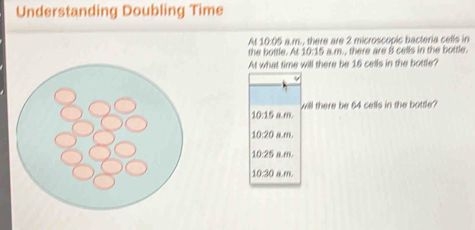 Understanding Doubling Time
At 10:05 a.m., there are 2 microscopic bacteria cells in
the bottle. At 10:15 a.m., there are 8 cells in the bottle.
At what time will there be 16 cells in the bottle?
will there be 64 cells in the bottle?
10:15 &m,
10:20 a,m,
10:25 &m,
10:30 &m,