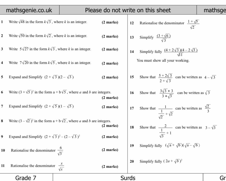 msge
1 
2 
3 
4 
5 
6 
7 
8 
9 
10 
11 
Grade 7 Surds Gr