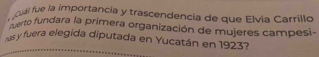 Cuál fue la importancia y trascendencia de que Elvia Carrillo 
Puerto fundara la primera organización de mujeres campesi- 
mas y fuera elegida diputada en Yucatán en 1923?