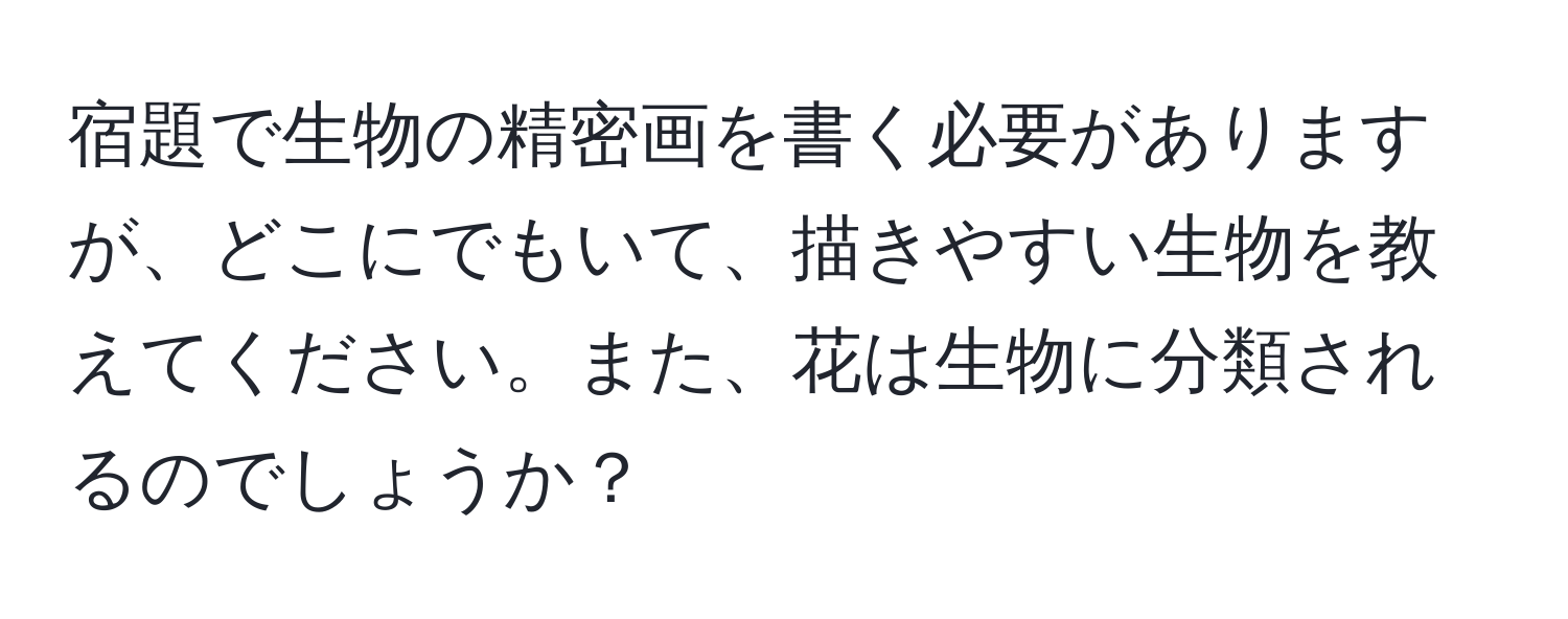 宿題で生物の精密画を書く必要がありますが、どこにでもいて、描きやすい生物を教えてください。また、花は生物に分類されるのでしょうか？