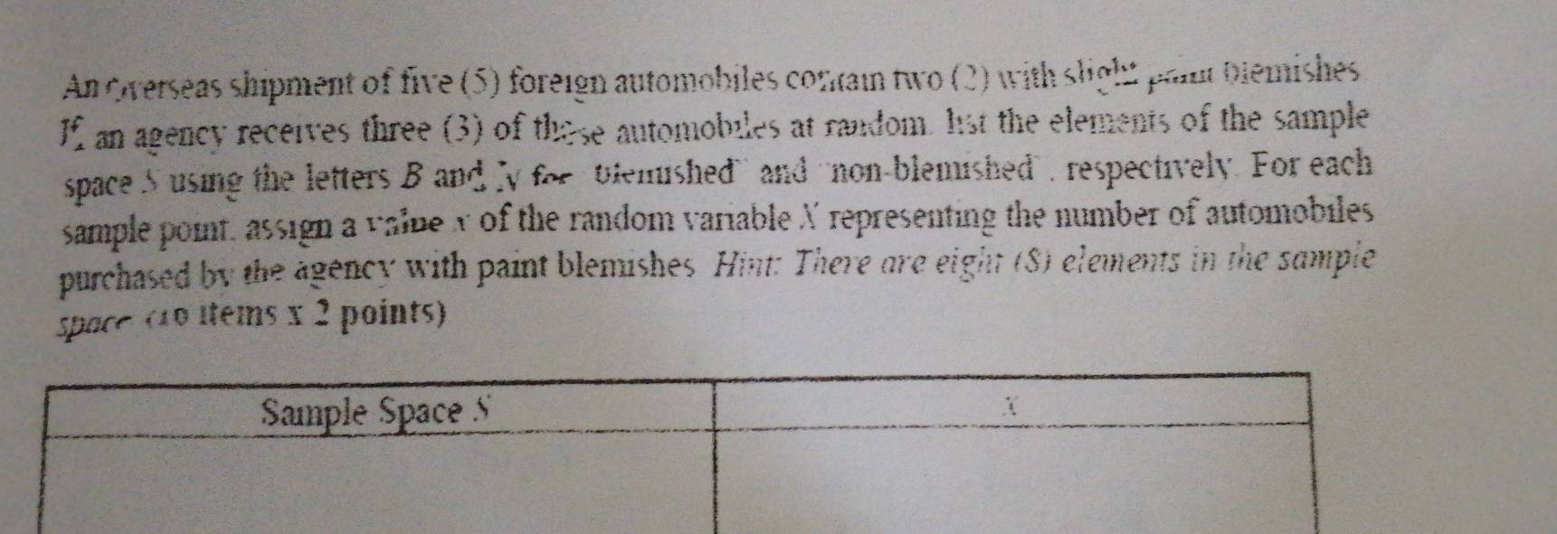 An Overseas shipment of five (5) foreign automobiles conain two (2) with slight paint blemishes 
I an agency receives three (3) of those automobiles at random, 1st the elements of the sample 
space S using the letters B and ly for blemished' and 'non-blemished", respectively. For each 
sample point, assign a value y of the random variable X representing the number of automobiles 
purchased by the agency with paint blemishes Hint: There are eight (S) elements in the sample 
space (10 ltems x 2 points)