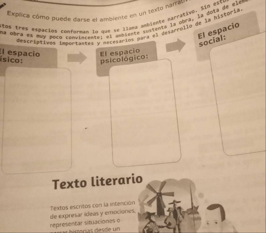 Explica cómo puede darse el ambiente en un texto narrató 
stos tres espacios conforman lo que se llama ambiente narrativo. Sin esto 
na obra es muy poco convincente; el ambiente sustenta la obra, la dota de elem 
descriptivos importantes y necesarios para el desarrollo de la historia 
El espacio 
social: 
El espacio El espacio 
ísico: psicológico: 
Texto literario 
Textos escritos con la intención 
de expresar ideas y emociones, 
representar situaciones o